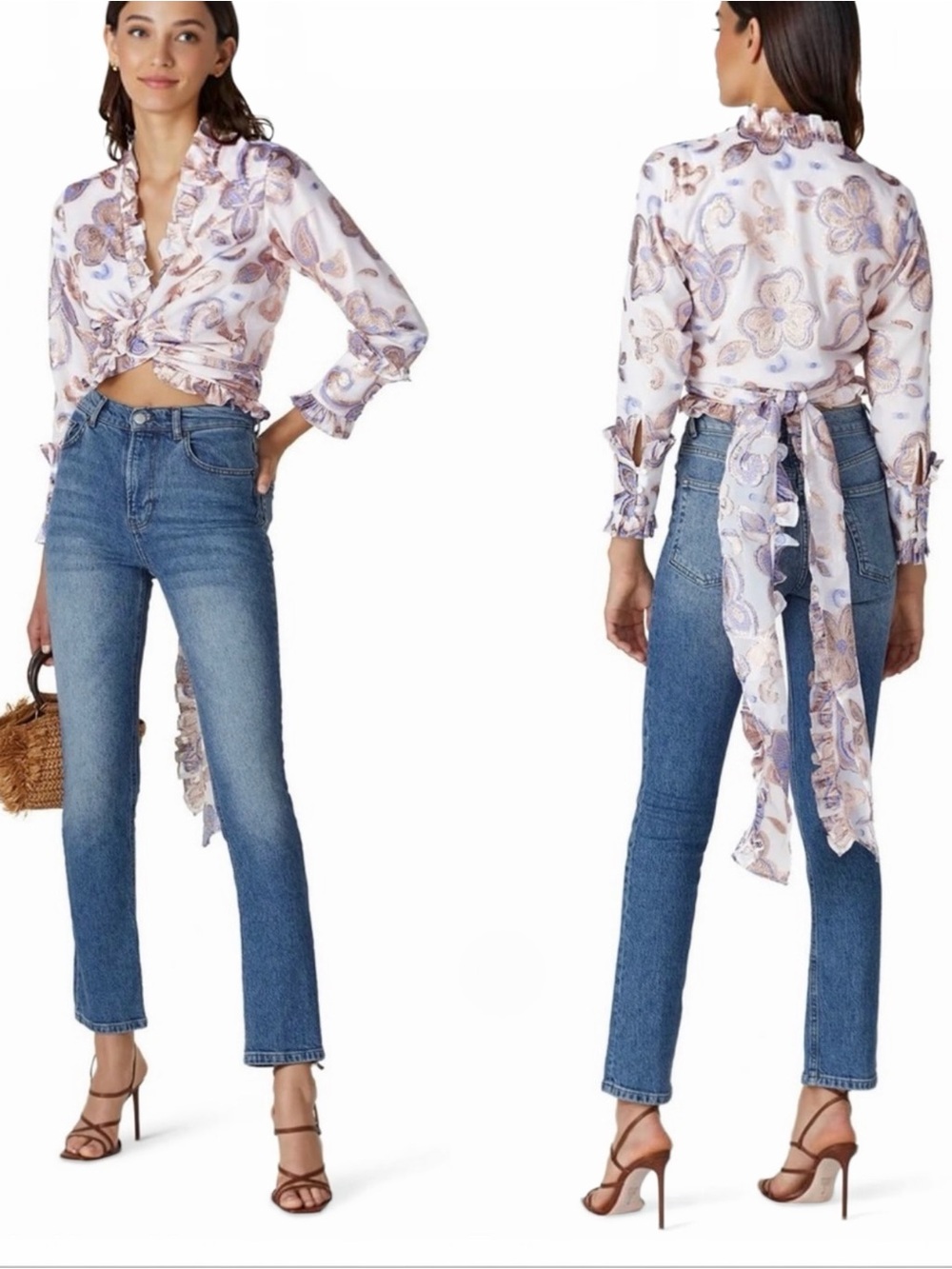 Alexis Marceau Paisley Floral Metallic Wrap Long Sleeve Women’s Crop Top Blouse